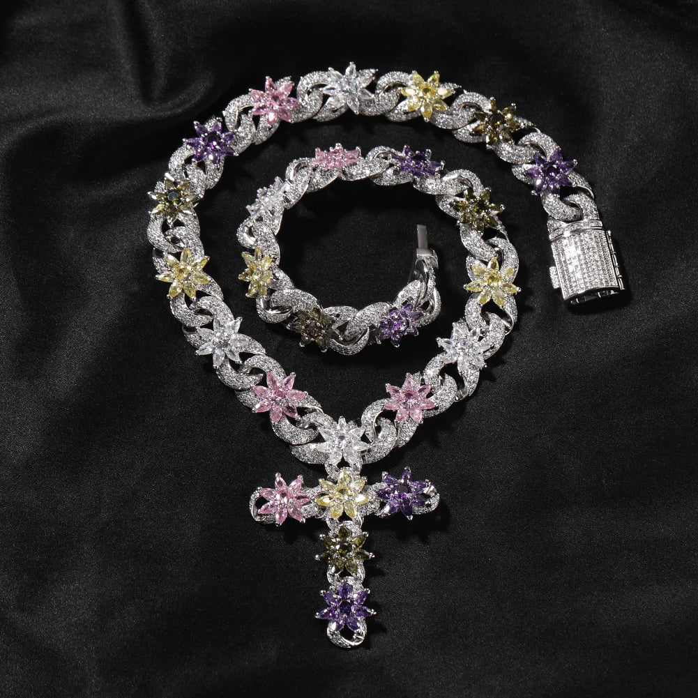 Iced Floral Cross Chain