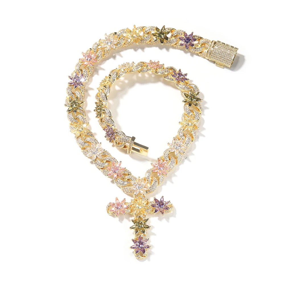 Iced Floral Cross Chain