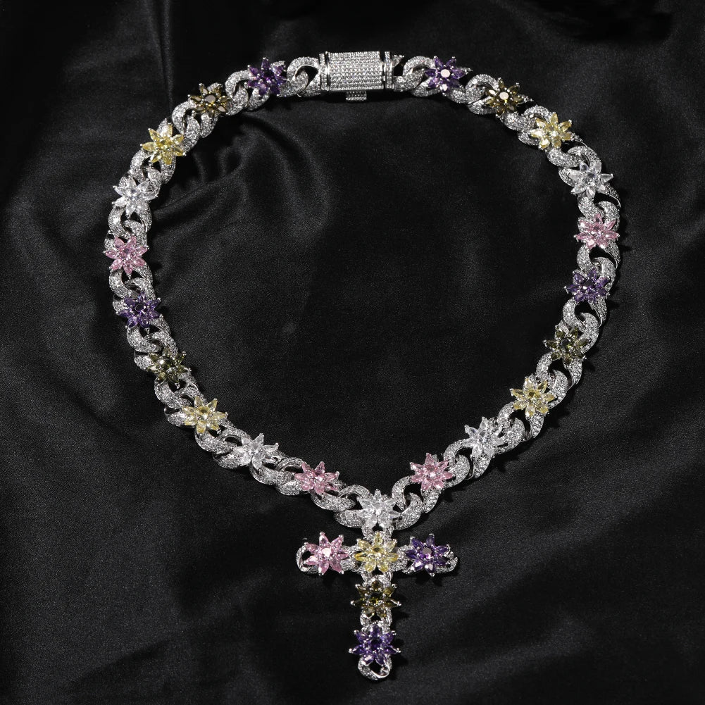 Iced Floral Cross Chain
